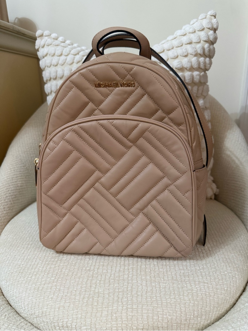 MICHAEL KORS Nude Blush Quilted Backpack with Gold Hardware